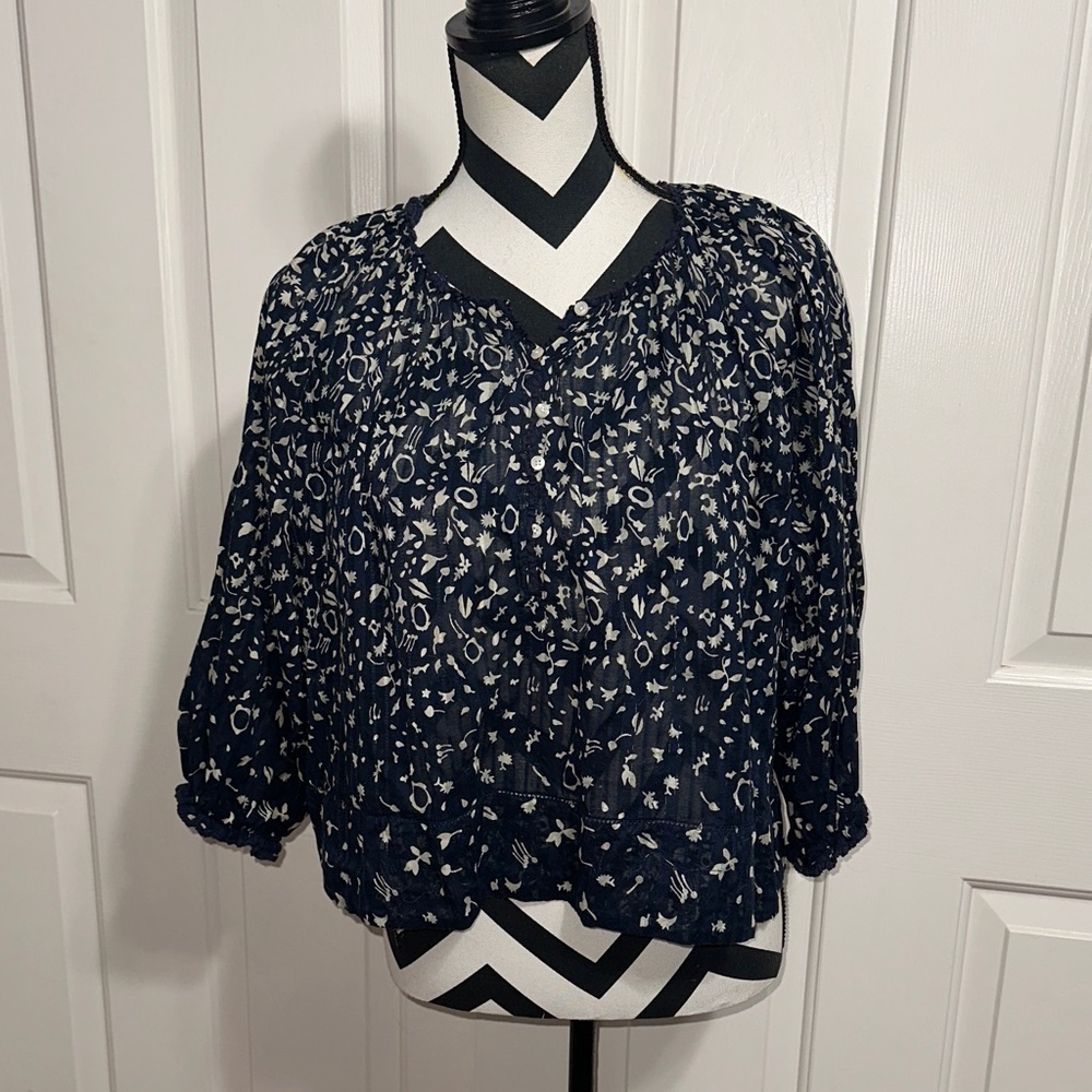 THE GREAT. Navy and White Patterned Blouse
